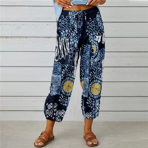 High waist women's jogger pants with retro bohemian print and drawstring waist