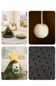 Detail view of Christmas tree pet bed showing removable bear doll and anti-slip bottom fabric.