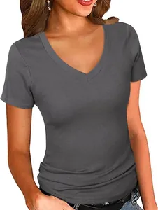 Detailed texture of the ribbed V-neck on a charcoal grey slim fit short sleeve T-shirt