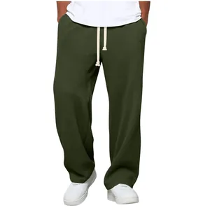 Pantalon décontracté en maille gaufrée vert olive pour homme, coupe droite et ample
