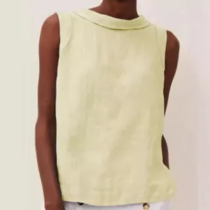 Minimalist light green cotton linen sleeveless top with round neck for casual daily wear