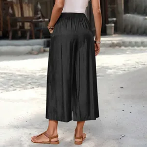 Stylish back view of black cropped wide-leg pants featuring an elastic waist and side pockets.