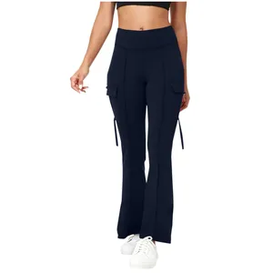 Detail view of navy blue high-waisted cargo flare yoga pants with side pocket design