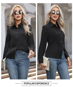 Fashionable black long sleeve button-down blouse for women, shown in a trendy outdoor setting.