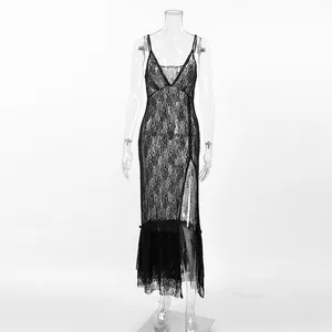 Detailed view of the black sheer lace maxi dress with a V-neckline and high leg slit