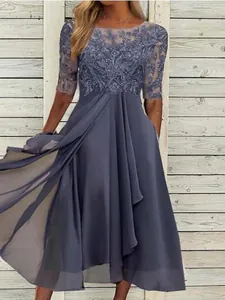 Elegant dusty blue lace and chiffon midi dress for bridesmaids or evening galas