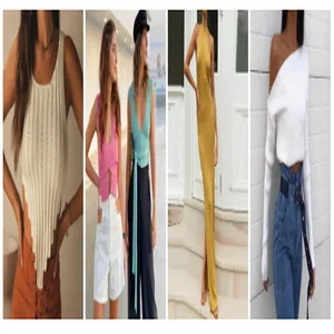 Collage of sexy knitted crop tops and long halter dresses in various colors for women