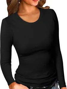 Maglietta da Donna in Modal a Costine Girocollo Slim Top a Maniche Lunghe Tinta Unita Casual Comodo in Maglia alla Moda