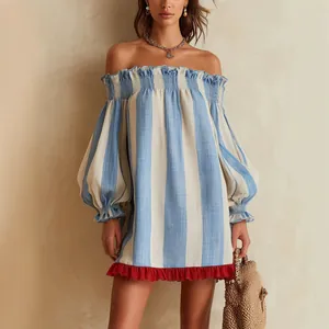 Women Vacation Off-Shoulder Striped Mini Dress Ruffle Trim Puff Sleeve Color Block Elegant Loose Fit Beach Short Dress