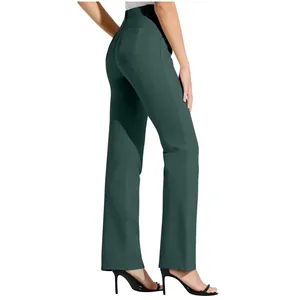 Detailed side view of dark green high-waisted straight-leg office trousers for women