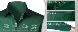 Gedetailleerd macrobeeld van een donkergroen slim-fit stretch herenoverhemd met zak.