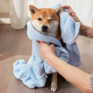 Premium blue thickened absorbent pet bathrobe for dogs with soft waffle texture