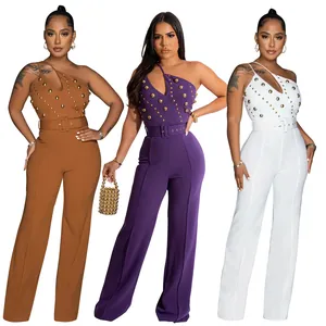 Stylish one-shoulder wide-leg jumpsuits with gold studs in brown, purple, and white