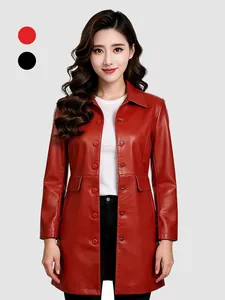 Elegante Dames PU Leren Jas Middellang Revers Slim Fit Single Breasted Kunstleer Trenchcoat Voor Lente Herfst