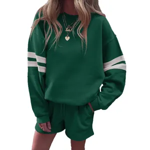 Women's forest green two-piece sweatshirt and shorts lounge set with white stripes