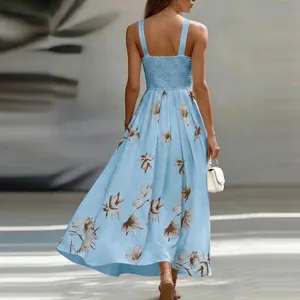 Detail shot of a light blue floral sleeveless maxi dress with a smocked back panel.