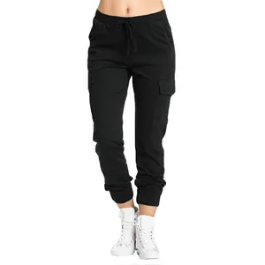 Full view of women's black cargo joggers with elastic drawstring waist and side pockets