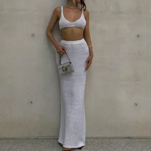 Women Sexy White Knitted Camisole Top And Bodycon Maxi Skirt Set Elegant Streetwear Outfit For Club Party