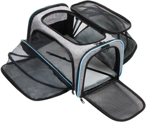 Macro view of expandable grey pet carrier showing breathable mesh and side extension