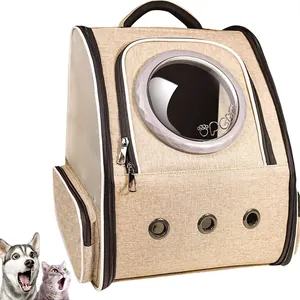 Mochila de cápsula espacial beige para mascotas, gatos y perros con gran ventana de visión