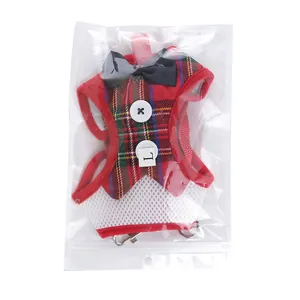 Red plaid pet harness vest with black bow tie and breathable mesh in package