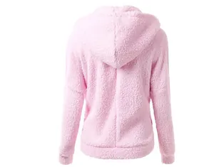 Rear view of a soft pink fuzzy fleece hoodie showing fabric texture and hood silhouette.