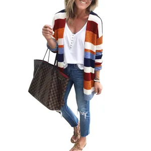 Chaqueta de punto a rayas multicolores para mujer con un diseño vibrante de bloques de color