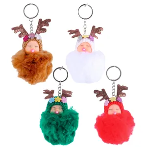 Set de 4 llaveros de muñecos de peluche navideños con bebés durmiendo y astas de reno