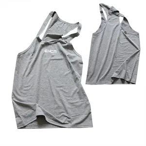 Detailed view of grey racerback gym stringer for men showing front and back views.