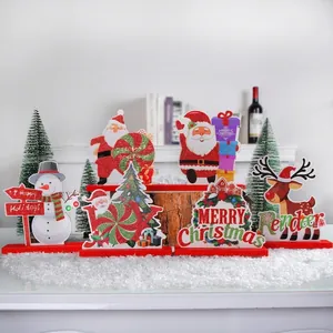 Christmas Wooden Tabletop Decoration Santa Claus Reindeer Christmas Tree Pattern Glitter Finish Festive Desktop Ornament Party Holiday Home Office Decor