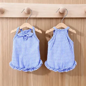 Summer Pet Dog Dress Plaid Gingham Cat Skirt Breathable Puppy Clothes With Bowknot Ruffles For Small Medium Dogs Cats