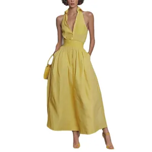 Elegant yellow striped V-neck sleeveless maxi dress for women resort wear
