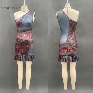 Front and back view of vintage patchwork print dress with irregular ruffle hem