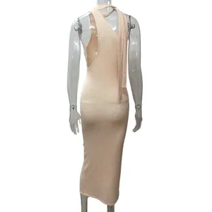 Back view of apricot one-shoulder backless bodycon knit maxi dress on mannequin