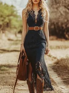 Women Vintage Bohemian Lace Sleeveless Midi Dress V-Neck Solid Color Polyester Patchwork Bodycon Dress Black