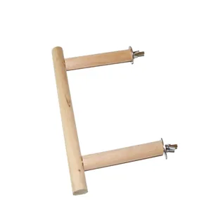 Natural solid wood gate-shaped bird perch stand with metal cage attachments