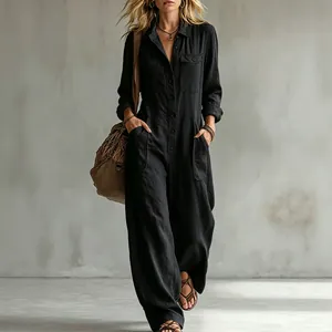 Chic black linen jumpsuit with lapel, long sleeves and wide-leg design for vacation