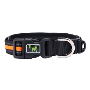 Close-up of a durable reflective black dog collar featuring orange safety stripes and a sturdy buckle