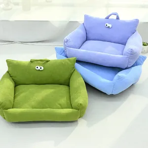 Macaron colored corduroy pet sofa bed with cartoon eyes for small to medium dogs and cats