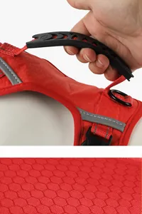 Macro view of red dog harness featuring honeycomb mesh fabric and a reinforced lifting handle