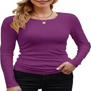 Detailed view of women's purple ribbed long sleeve slim fit round neck t-shirt