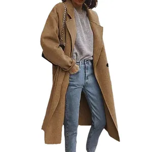 Elegant long camel double-breasted wool coat for women, ideal for autumn and winter outfits.