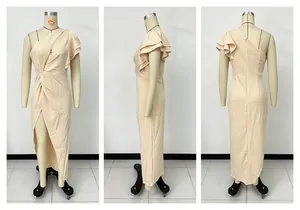 Front, side, and back views of a peach one-shoulder ruffle sleeve slit maxi dress