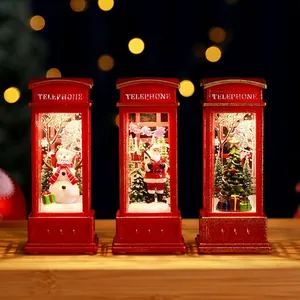 Set of 3 red Christmas LED telephone booth lanterns with Santa and snowman scenes
