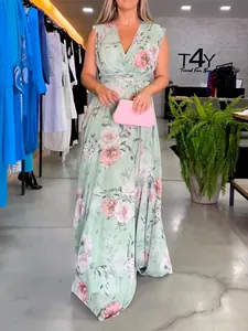 Detail of sage green floral chiffon maxi dress with elegant V-neckline