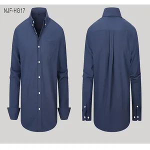 Detailed front and back views of a classic navy blue long-sleeved Oxford shirt for men.