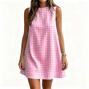 Detailed view of women's pink and white gingham sleeveless dress with round neck design