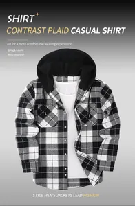 Detailed view of a black and white hooded plaid shirt for men, perfect for autumn.