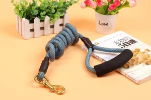 Detailed view of durable braided dog leash with foam handle and brass clasp