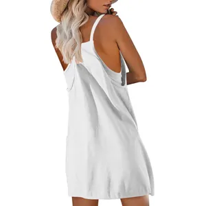 Back view of a casual white sleeveless sundress for women with a loose summer fit